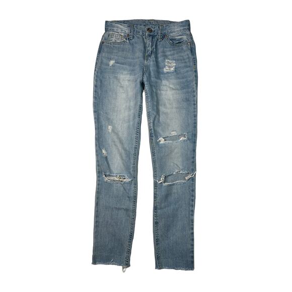 Vanilla Star High Rise Girlfriend Jeans Raw Hem Distressed Denim Womens 0 - Picture 1 of 8